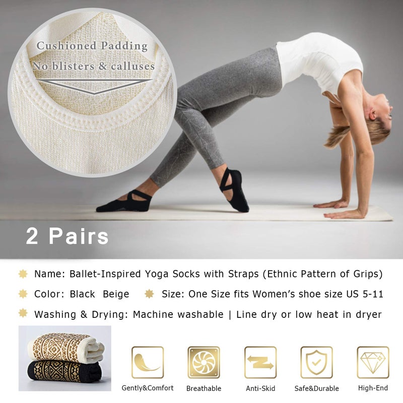 Ozaiic Pilates Socks for Women Non Slip Grip, Yoga Socks with Grippers for Barre, Hospital, Ballet, Dance, Barefoot Workout (2 Pairs- Black/Beigeï¼ˆ1st Anniversary editionï¼‰, one_size) - Image 5